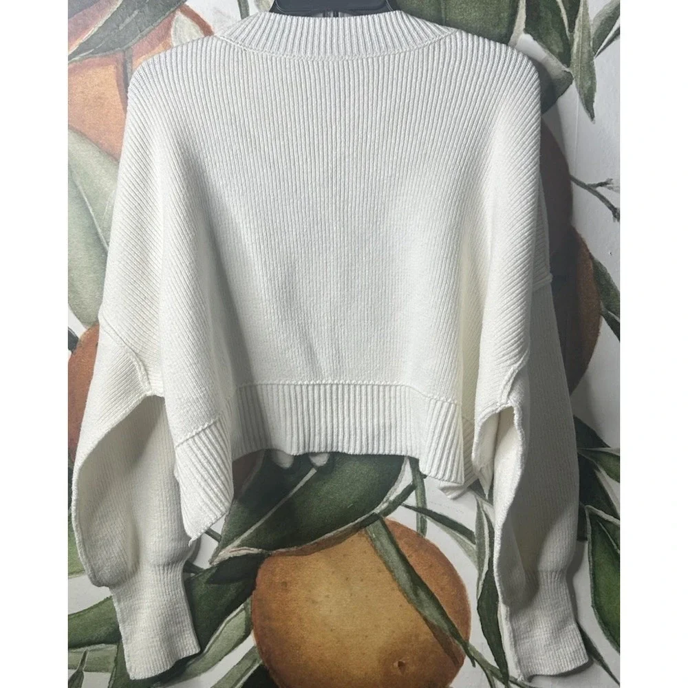 Free People Small Oversized Ivory‎ Mock Neck Cropped Ribbed Sweater Cotton Blend